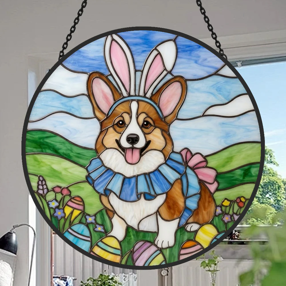 Corgi Attrape-Soleil en Vitrail - Décoration Suspendue pour Fenêtre