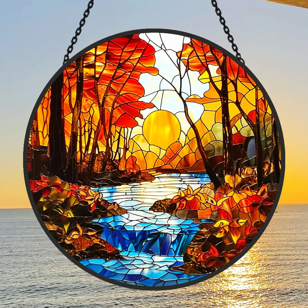 Coucher de Soleil Attrape-Soleil Décoratif en Vitrail à Suspendre