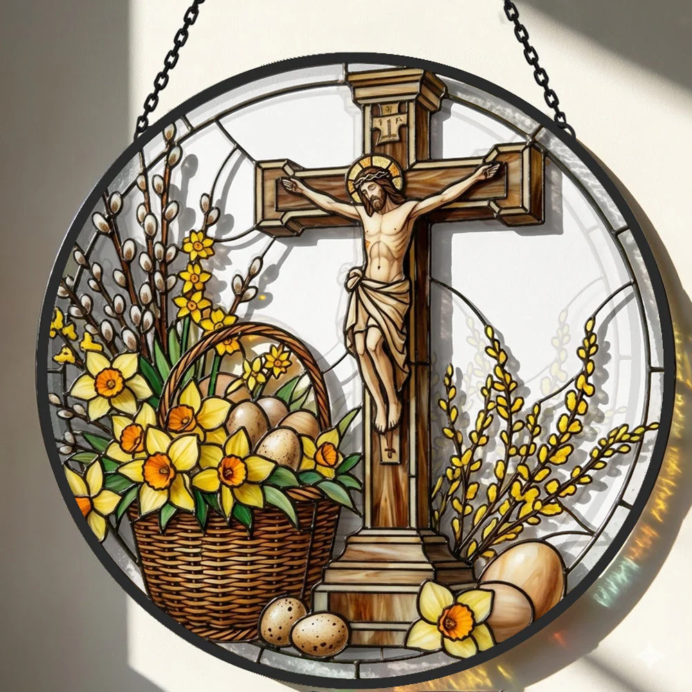 Croix de Pâques Attrape-Soleil en Vitrail - Décoration Suspendue pour Fenêtre