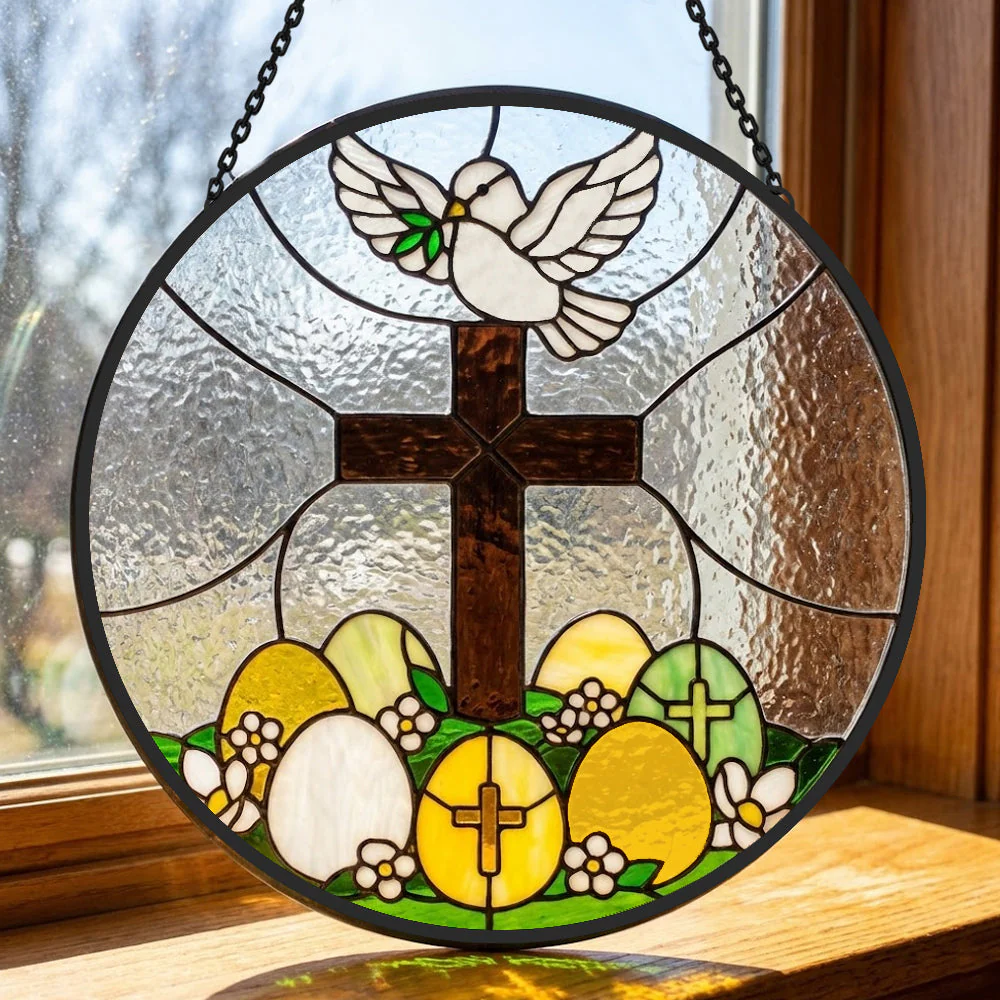 Croix de Pâques Attrape-Soleil en Vitrail - Décoration Suspendue pour Fenêtre