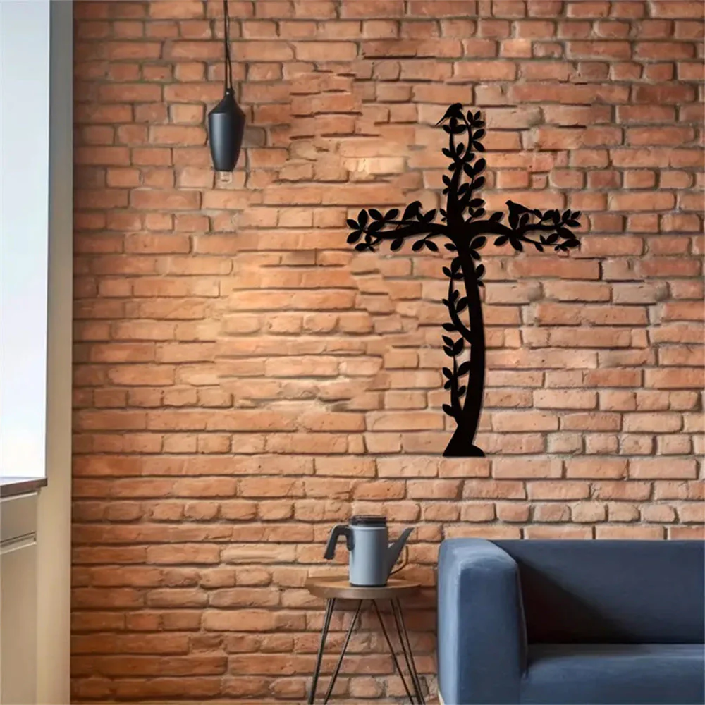 Croix en Métal Art Mural Arbre et Oiseaux Croix de Vie Suspendue - Image 3