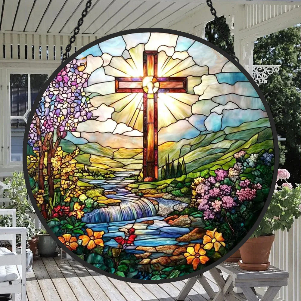 Croix et Rivière Attrape-Soleil Décoratif en Vitrail à Suspendre