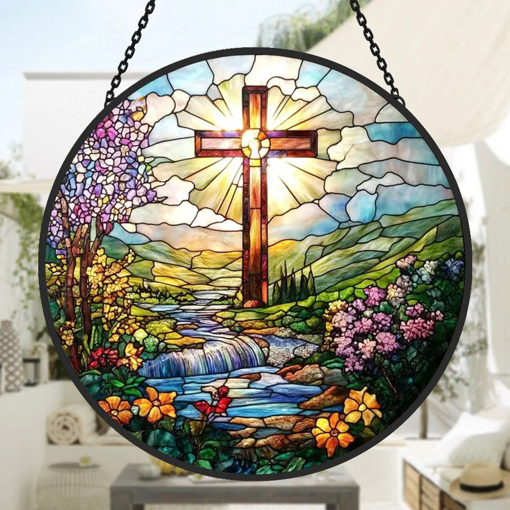 Croix et Rivière Attrape-Soleil Décoratif en Vitrail à Suspendre - Image 2