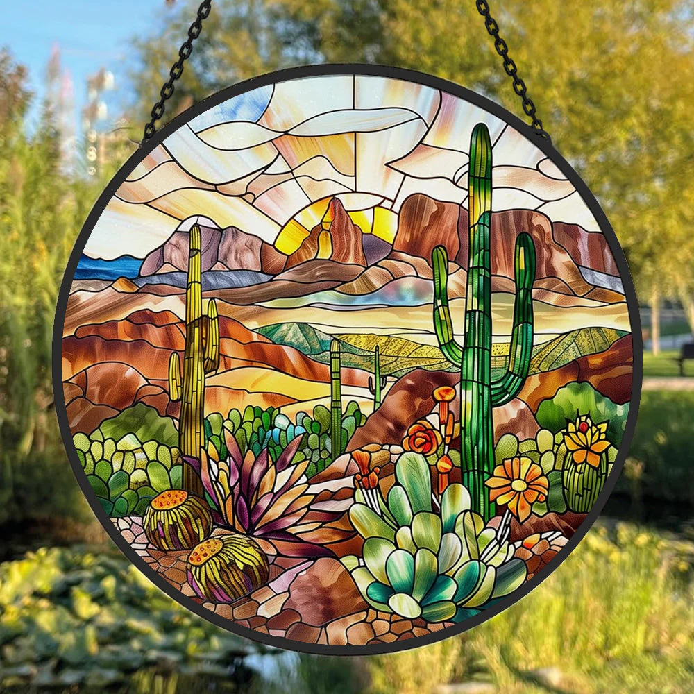 Désert et Cactus Attrape-Soleil Décoratif en Vitrail à Suspendre