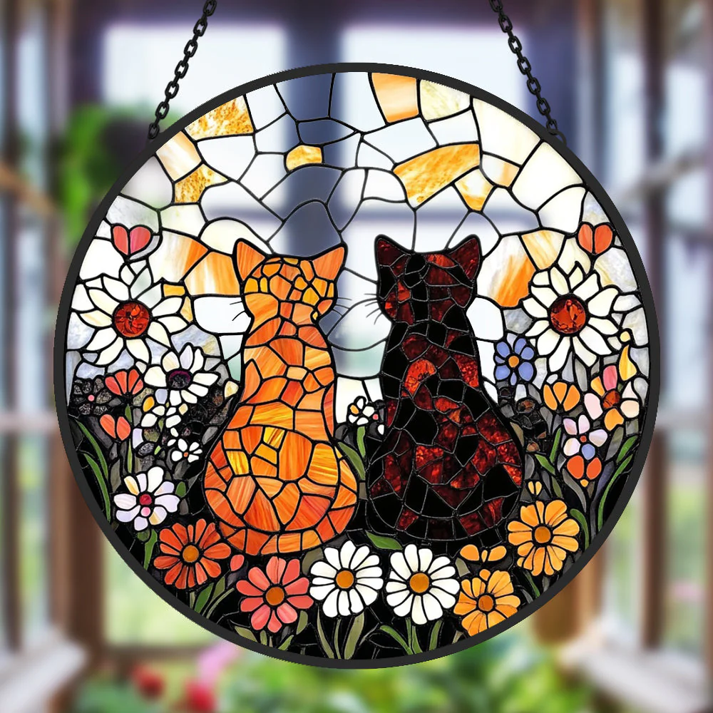 Deux Chats Mignons Attrape-Soleil Décoratif en Vitrail à Suspendre - Image 2