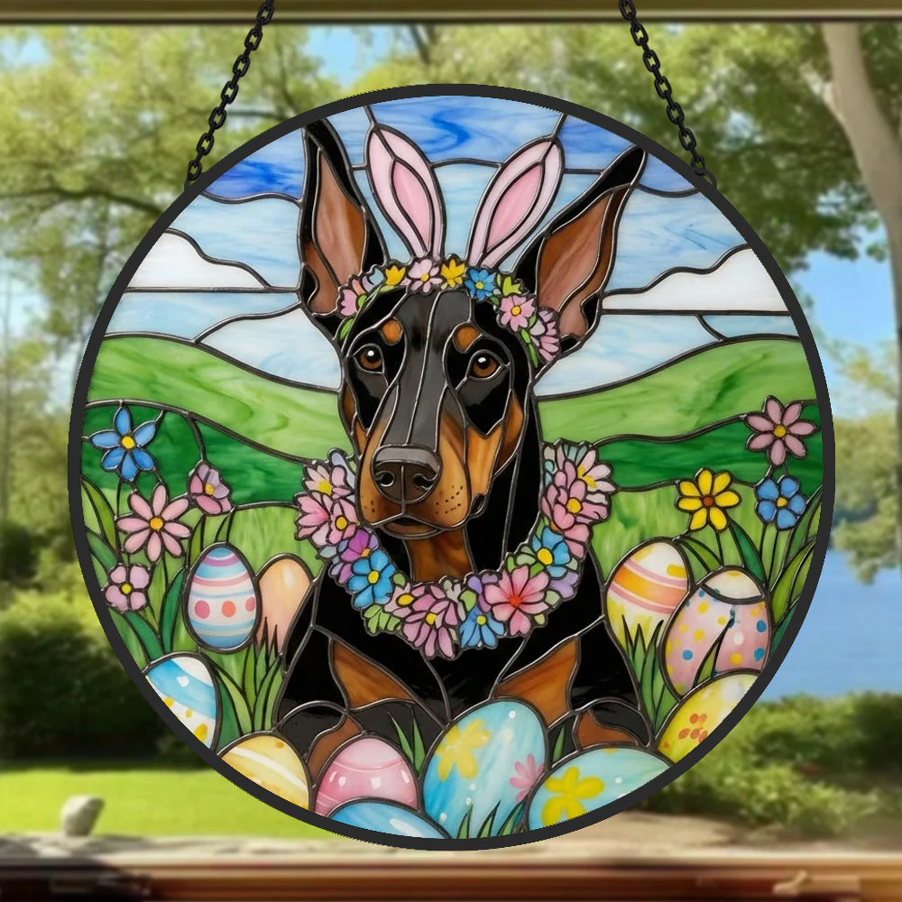 Doberman Attrape-Soleil en Vitrail - Décoration Suspendue pour Fenêtre