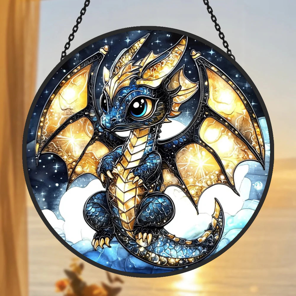 Dragon Occidental Mignon Attrape-Soleil Décoratif en Vitrail à Suspendre