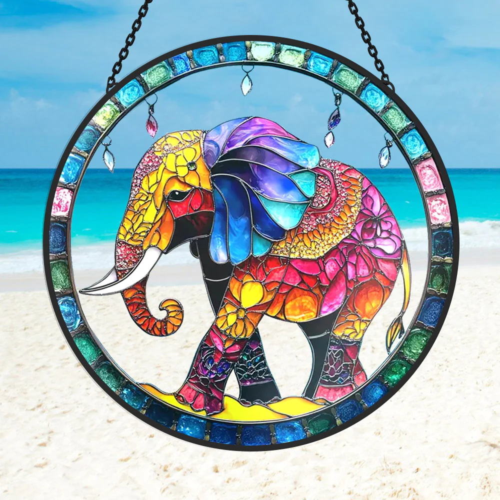 Éléphant Attrape-Soleil Décoratif en Vitrail à Suspendre