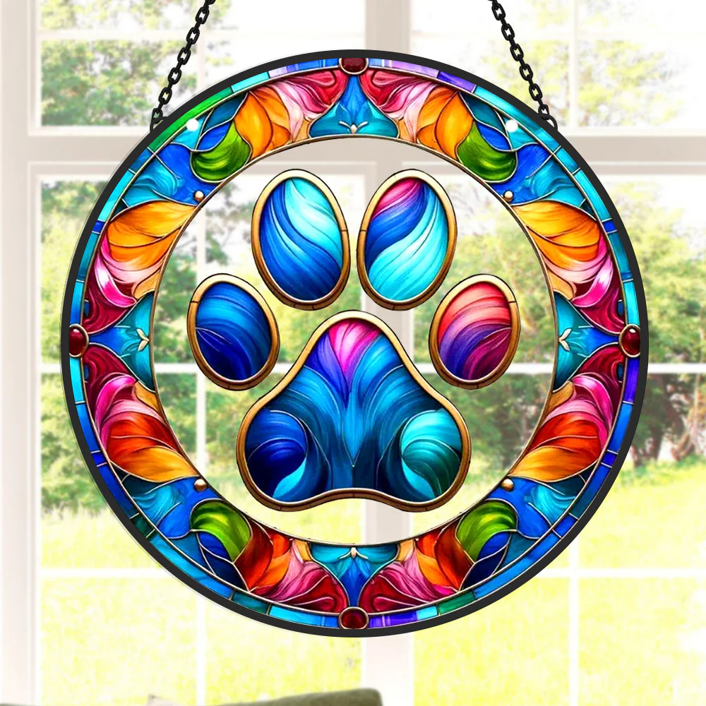Empreinte de Patte Énergique Attrape-Soleil Décoratif en Vitrail à Suspendre