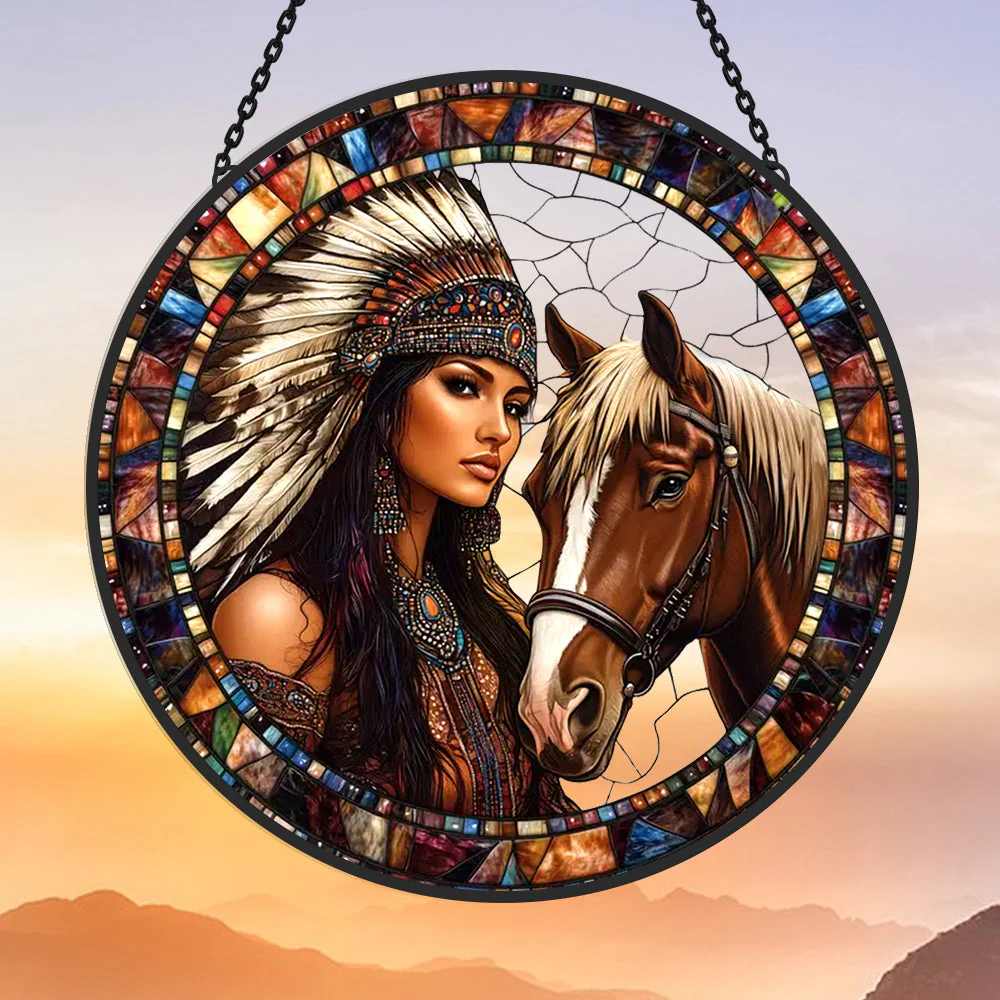 Femme Amérindienne et Cheval Attrape-Soleil Décoratif en Vitrail à Suspendre - Image 3