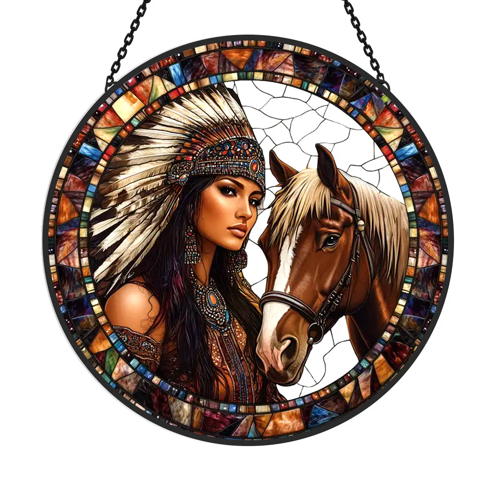 Femme Amérindienne et Cheval Attrape-Soleil Décoratif en Vitrail à Suspendre - Image 4