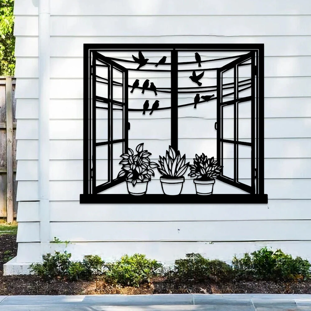 FenĂȘtre Oiseau et Fleur MĂ©tal DĂ©coratif Mural