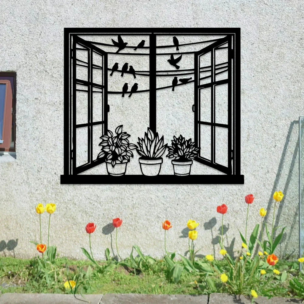 FenĂȘtre Oiseau et Fleur MĂ©tal DĂ©coratif Mural - Image 2
