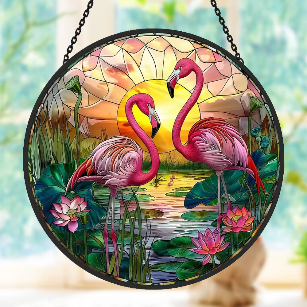 Flamant Attrape-Soleil Décoratif en Vitrail à Suspendre