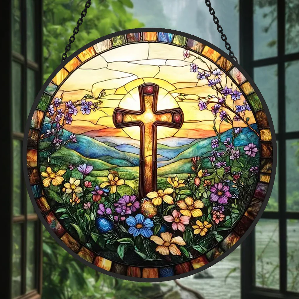 Fleurs et Croix Attrape-Soleil Décoratif en Vitrail à Suspendre