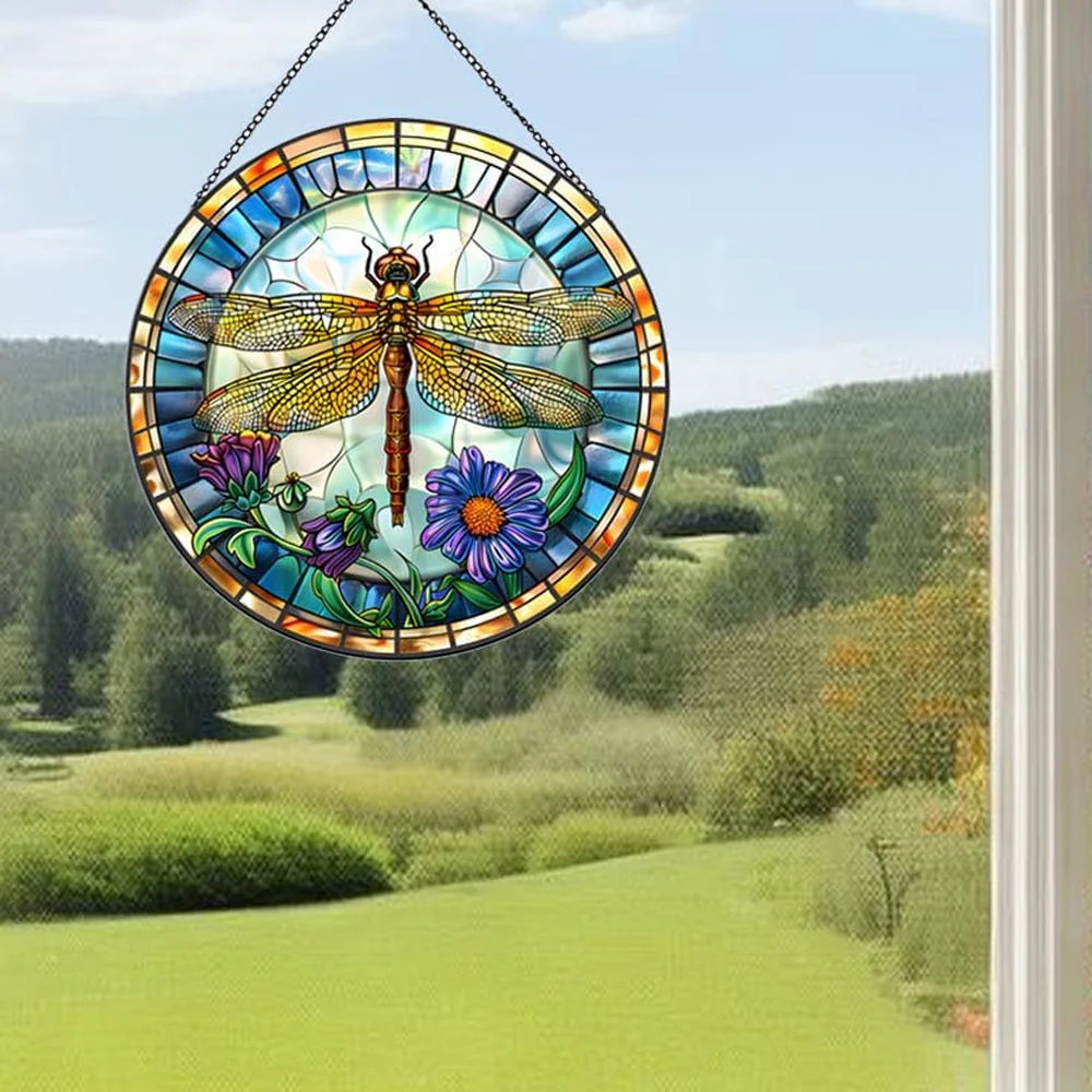 Fleurs et Libellule Attrape-Soleil Décoratif en Vitrail à Suspendre
