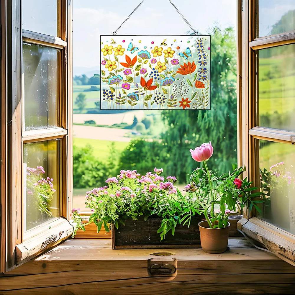 Fleurs et Papillons Attrape-Soleil Décoratif en Vitrail à Suspendre - Image 2