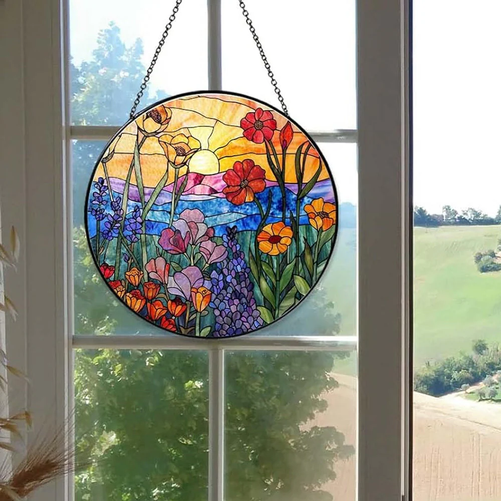 Fleurs Sauvages Attrape-Soleil Décoratif en Vitrail à Suspendre