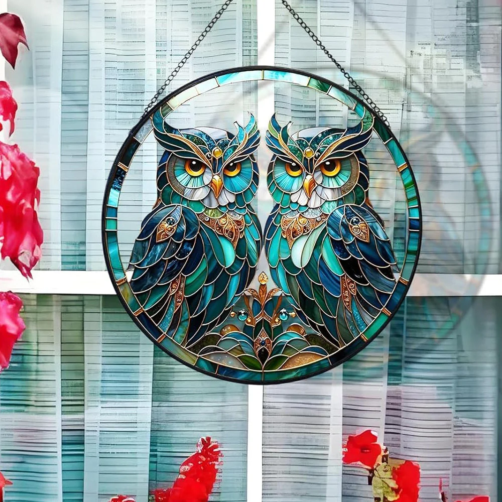 Hibou Attrape-Soleil Décoratif en Vitrail à Suspendre