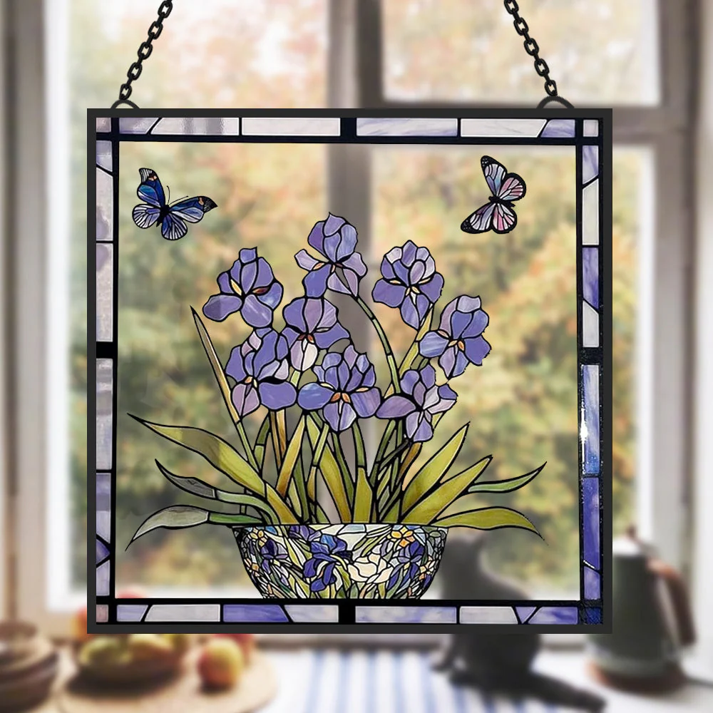 Iris Bleu et Papillon Attrape-Soleil Décoratif en Vitrail à Suspendre