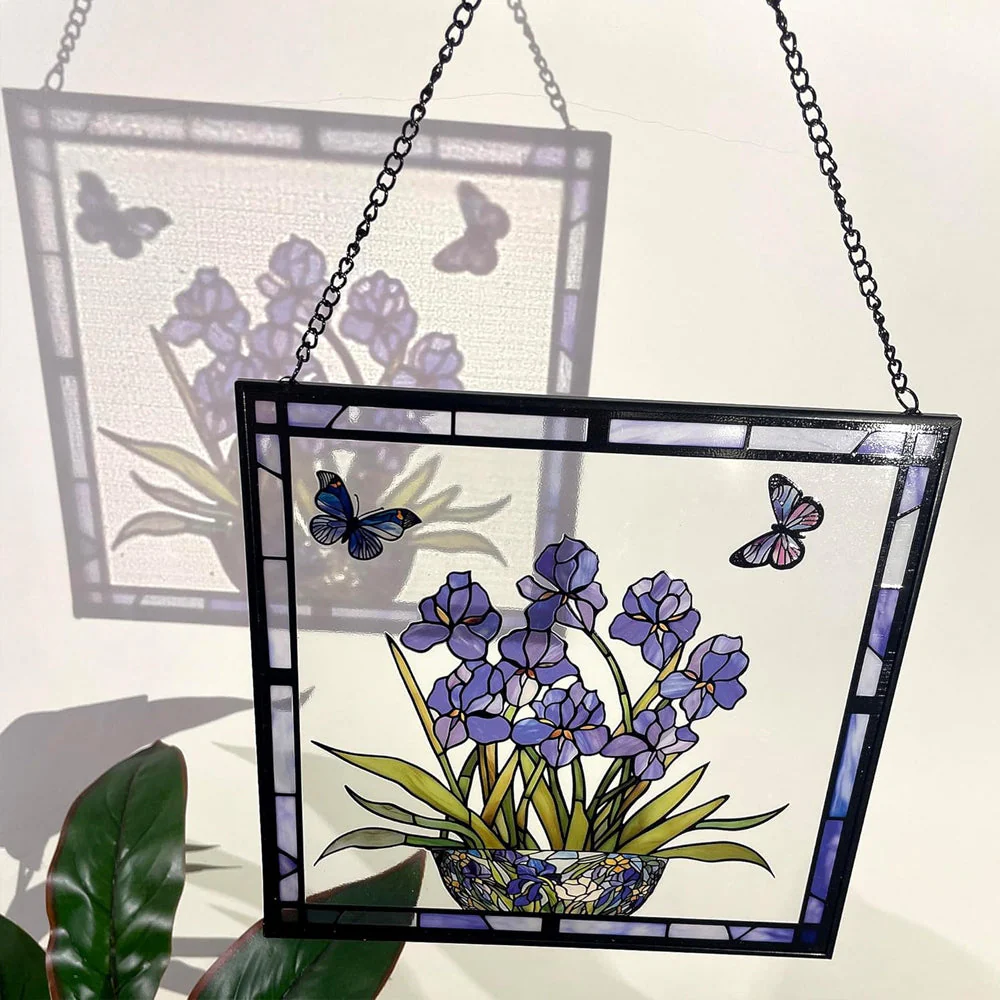 Iris Bleu et Papillon Attrape-Soleil Décoratif en Vitrail à Suspendre - Image 3