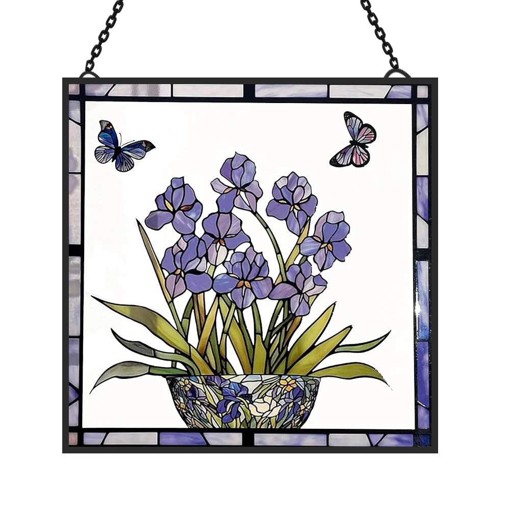 Iris Bleu et Papillon Attrape-Soleil Décoratif en Vitrail à Suspendre - Image 4