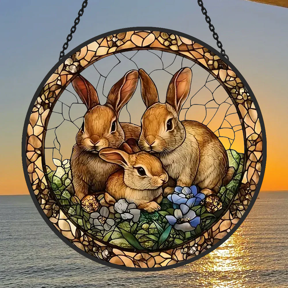 Jardin au Lapin Attrape-Soleil Décoratif en Vitrail à Suspendre
