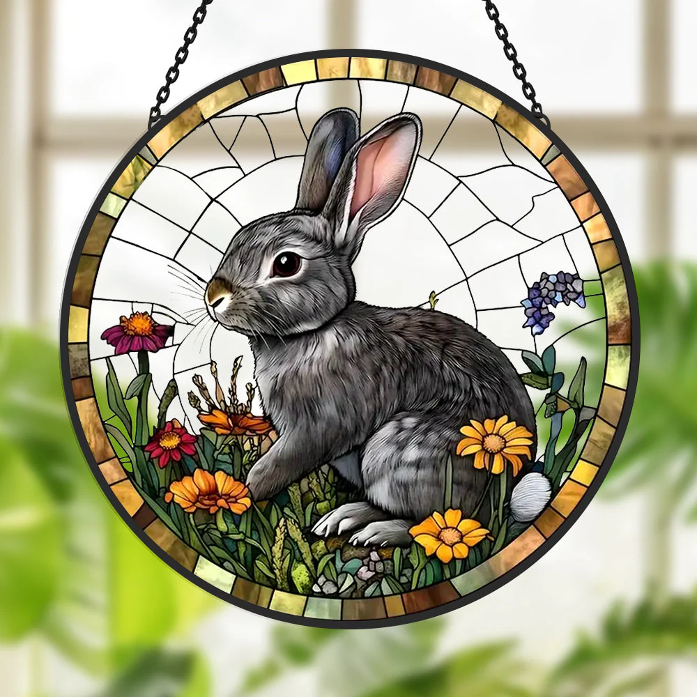 Lapin Attrape-Soleil Décoratif en Vitrail à Suspendre