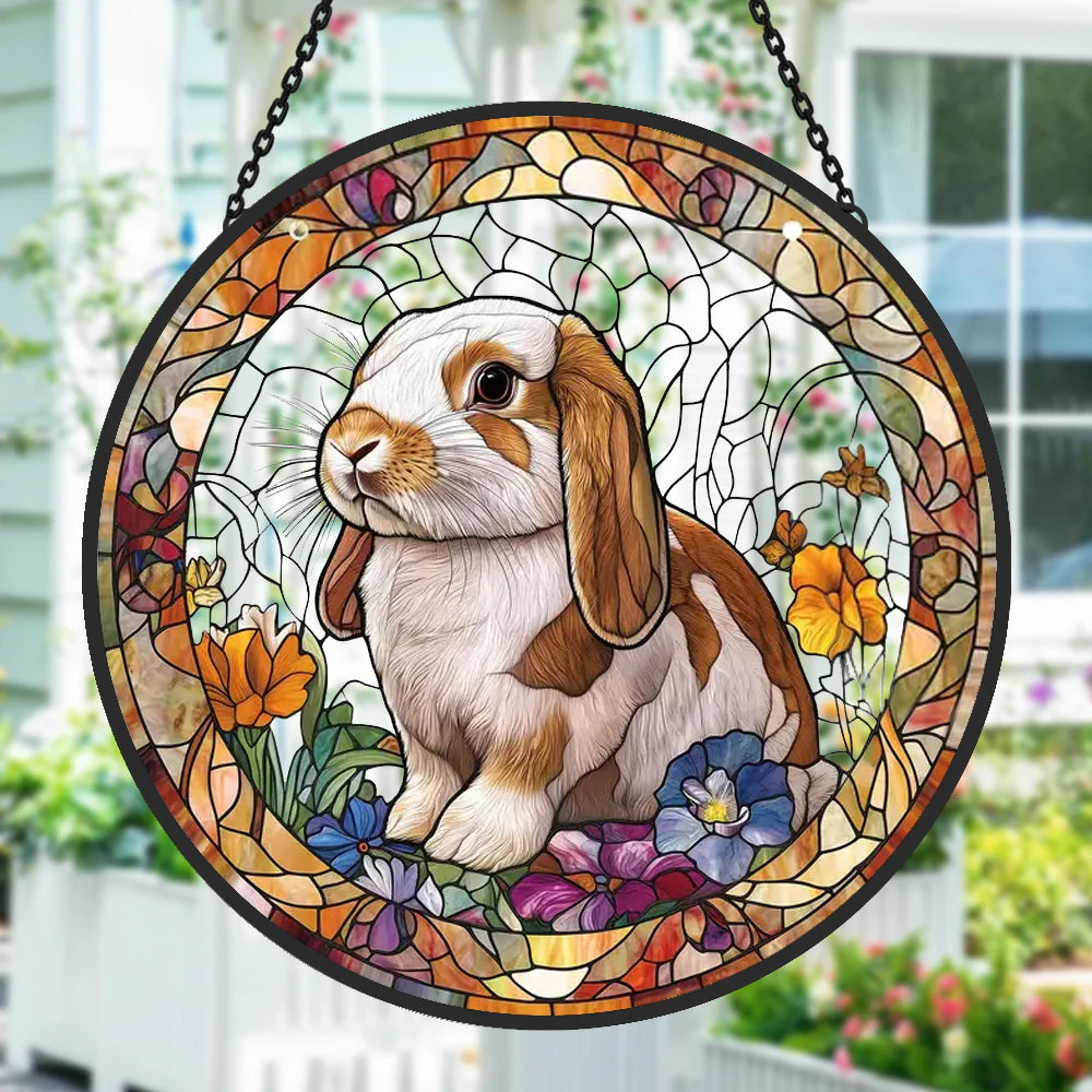 Lapin Attrape-Soleil Décoratif en Vitrail à Suspendre