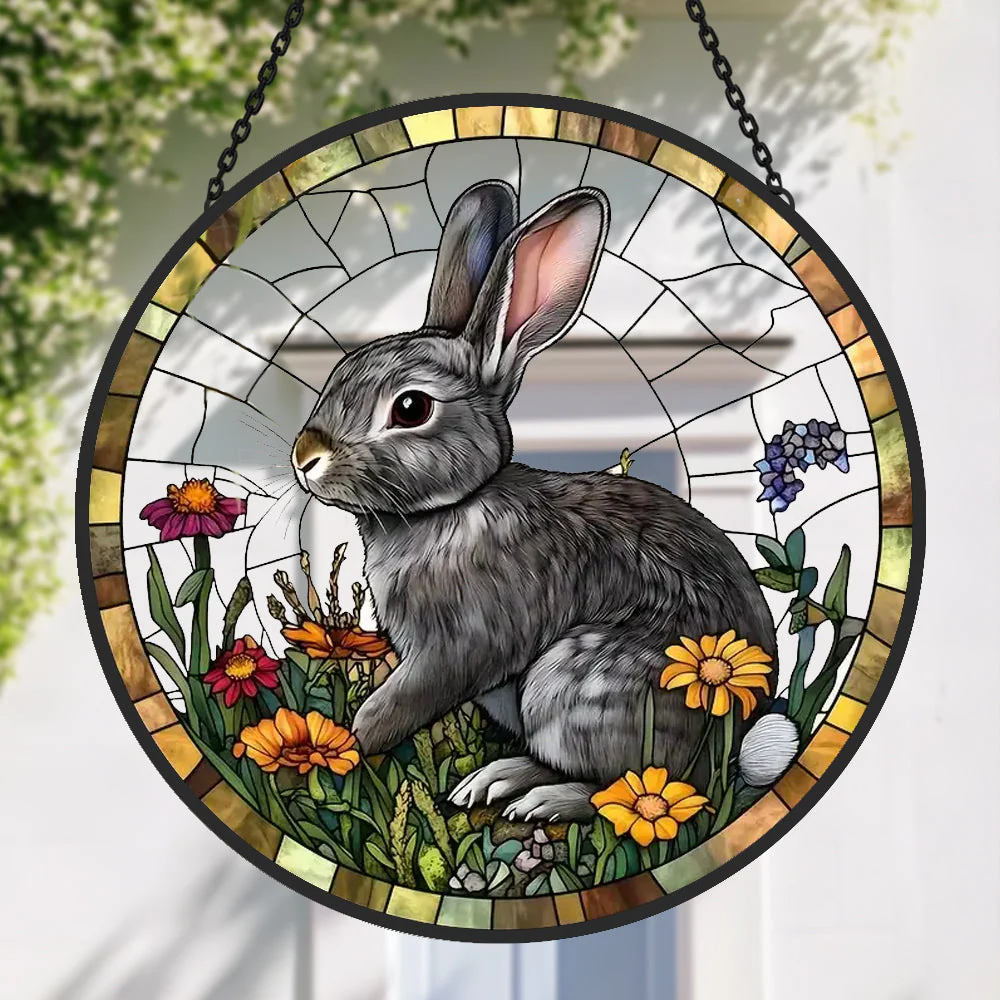 Lapin Attrape-Soleil Décoratif en Vitrail à Suspendre