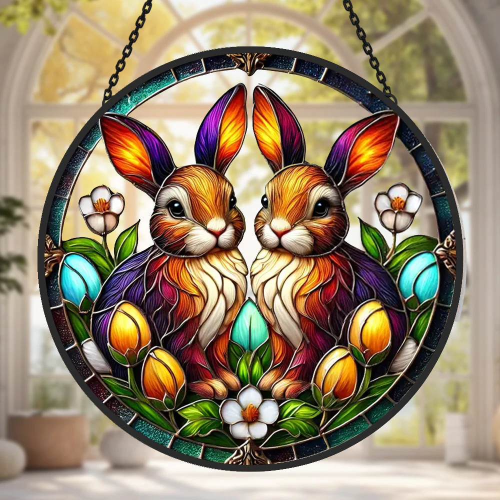 Lapin de Pùques Attrape-Soleil Décoratif en Vitrail à Suspendre