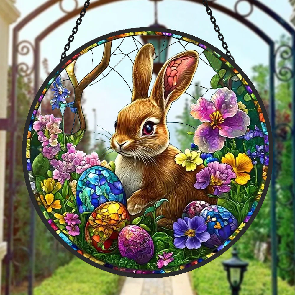 Lapin de Pùques Attrape-Soleil Décoratif en Vitrail à Suspendre