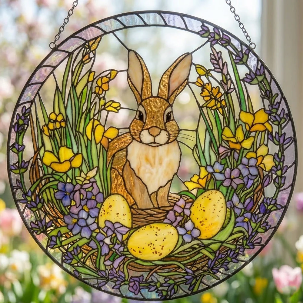 Lapin de PĂąques Attrape-Soleil en Vitrail - DĂ©coration Suspendue pour FenĂȘtre - Image 2
