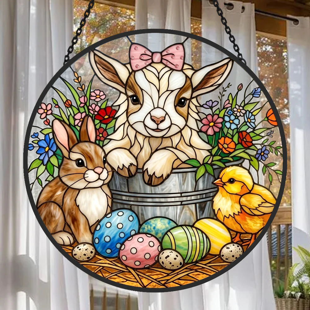 Lapin de PĂąques et Agneau Attrape-Soleil en Vitrail - DĂ©coration Suspendue pour FenĂȘtre