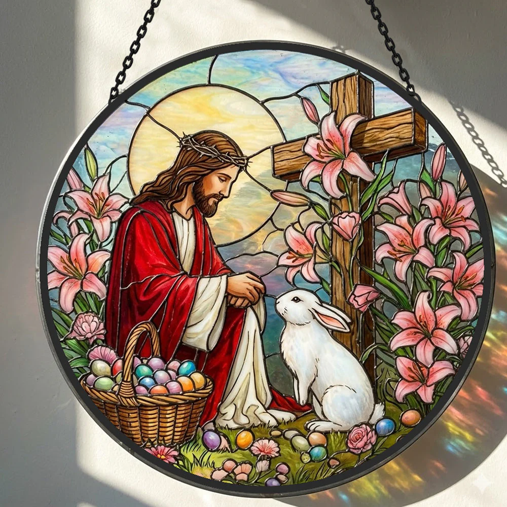Lapin de Pâques et Croix Attrape-Soleil en Vitrail - Décoration Suspendue pour Fenêtre - Image 2