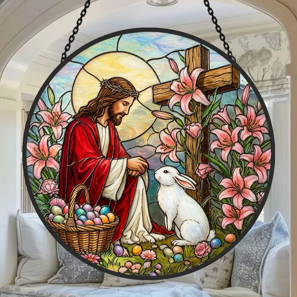 Lapin de Pâques et Croix Attrape-Soleil en Vitrail - Décoration Suspendue pour Fenêtre - Image 3