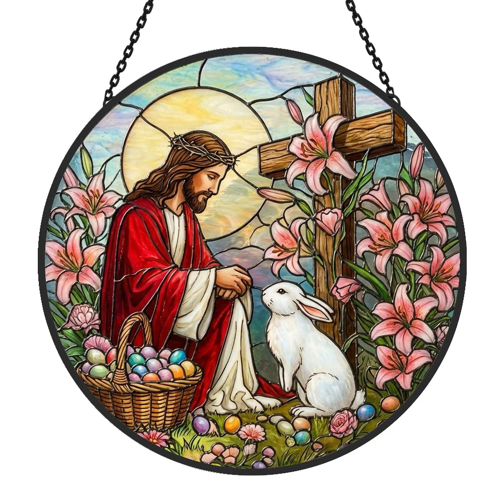 Lapin de Pâques et Croix Attrape-Soleil en Vitrail - Décoration Suspendue pour Fenêtre - Image 4