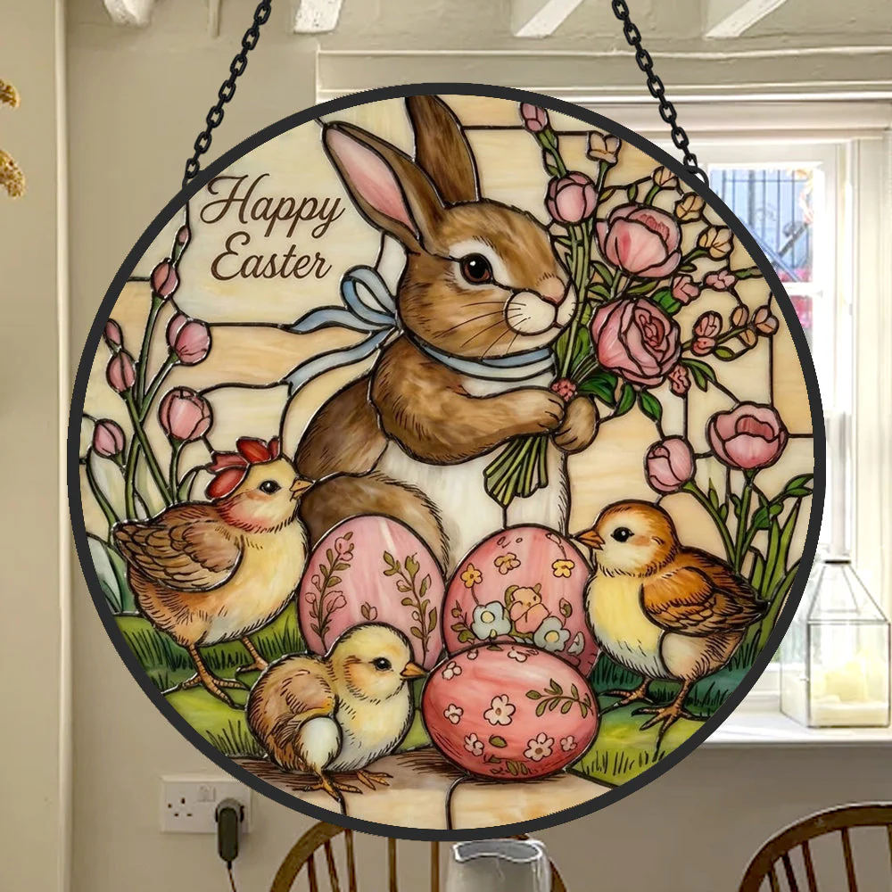 Lapin de Pâques et Poussin Attrape-Soleil en Vitrail - Décoration Suspendue pour Fenêtre - Image 2