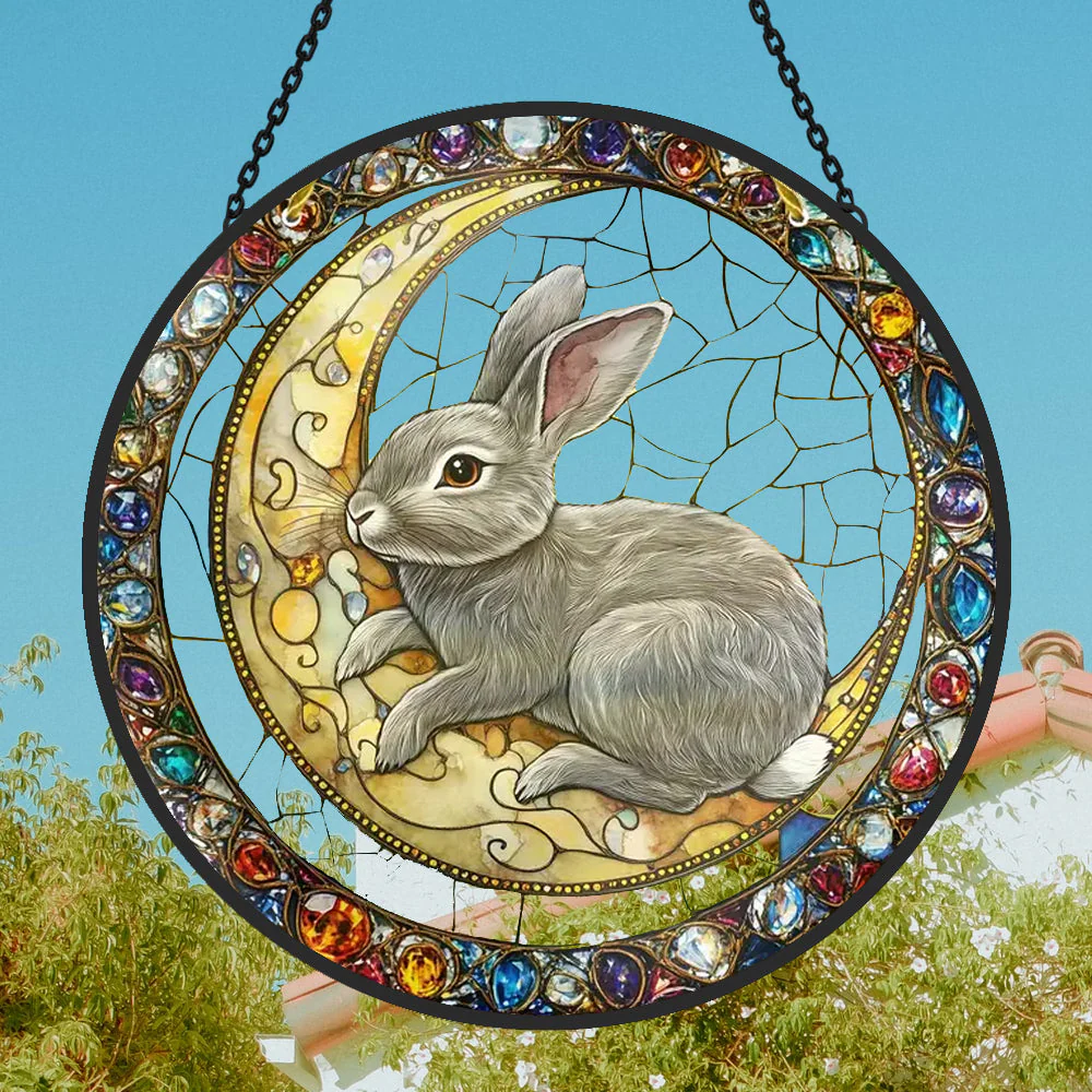 Lapin et Lune Attrape-Soleil Décoratif en Vitrail à Suspendre