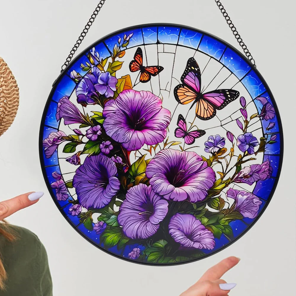Liseron et Papillon Attrape-Soleil Décoratif en Vitrail à Suspendre