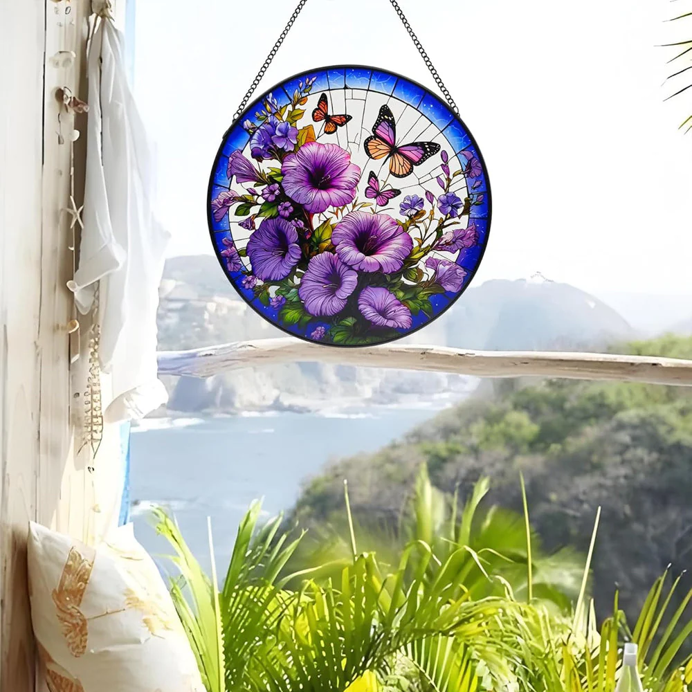 Liseron et Papillon Attrape-Soleil Décoratif en Vitrail à Suspendre - Image 2