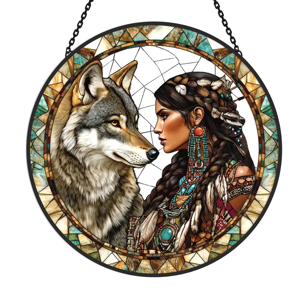 Loup et Femme Attrape-Soleil Décoratif en Vitrail à Suspendre - Image 3