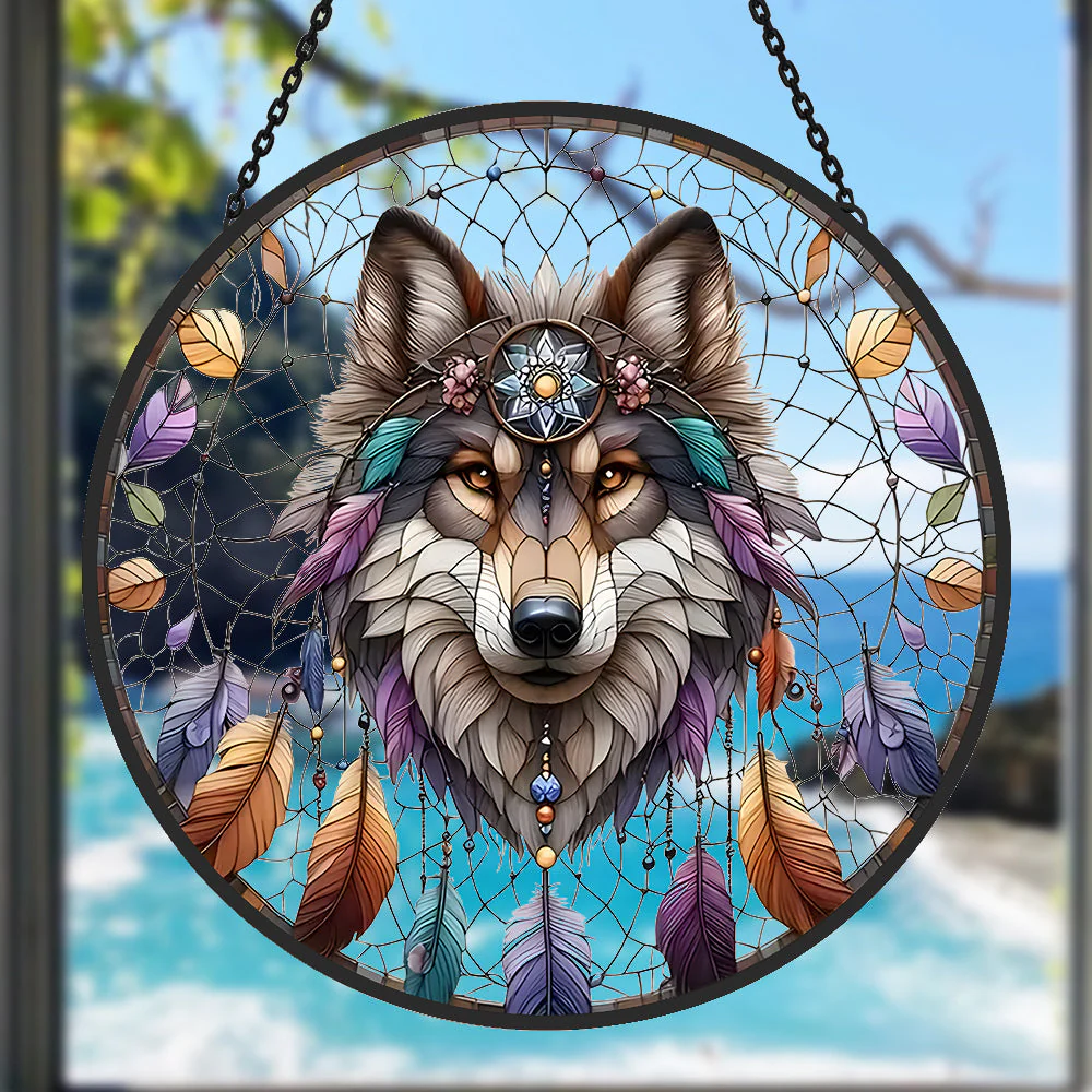 Loup Gris Attrape-Soleil Décoratif en Vitrail à Suspendre - Image 2