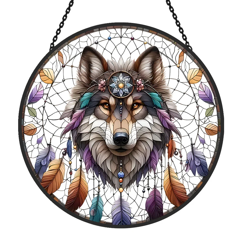 Loup Gris Attrape-Soleil Décoratif en Vitrail à Suspendre - Image 3
