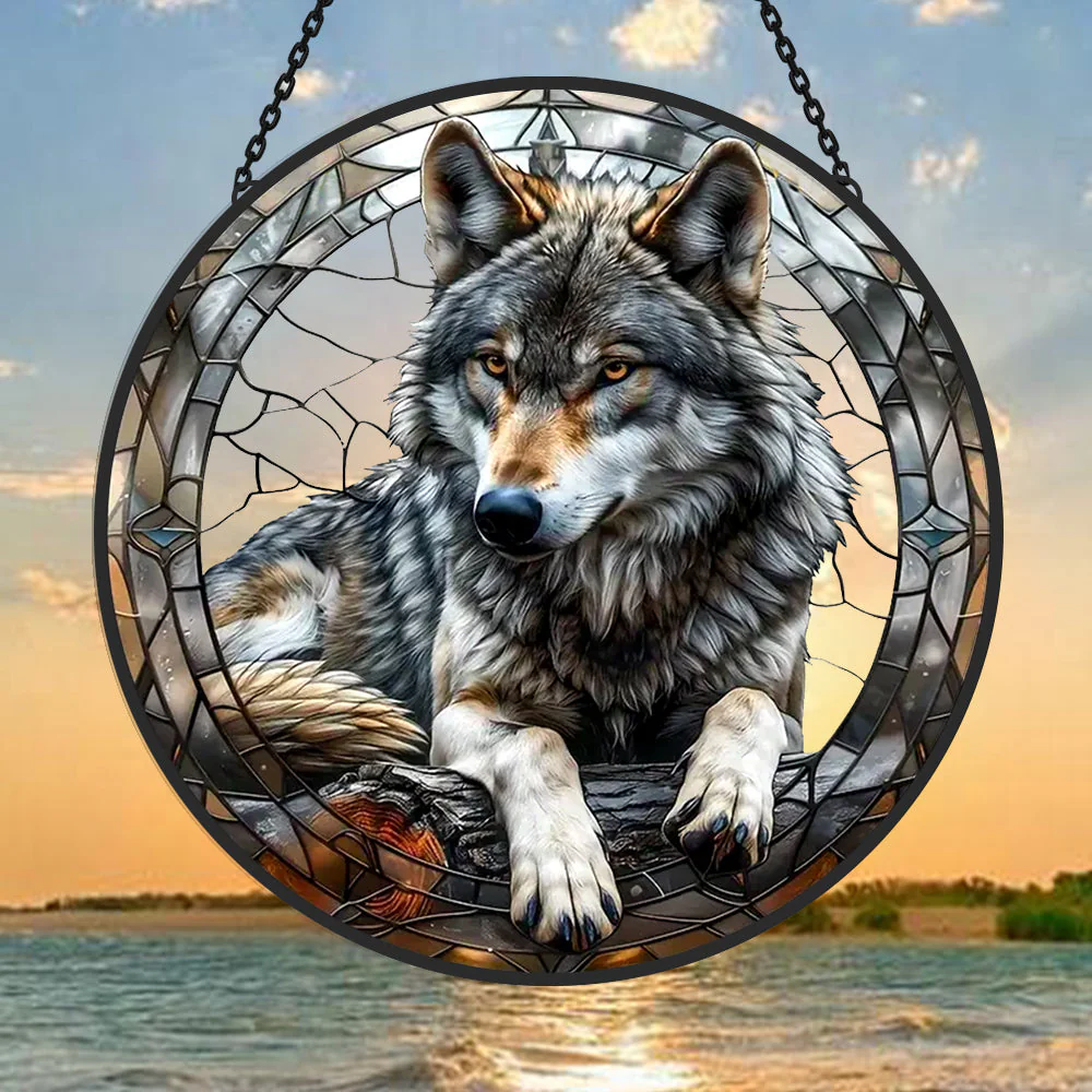 Loup Gris Attrape-Soleil Décoratif en Vitrail à Suspendre