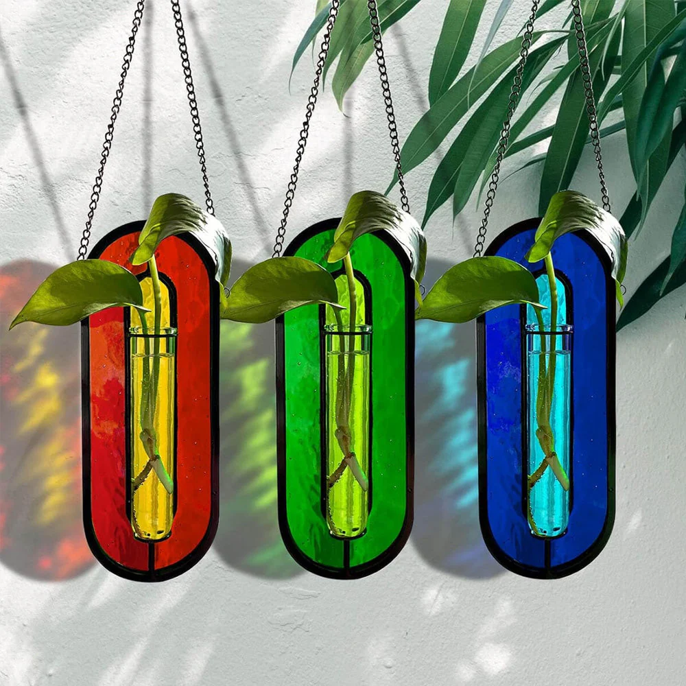 Lueur Mandarine Vase de Bouturage Suspendu en Vitrail – Support pour Plante Attrape-Soleil Coloré - Image 2