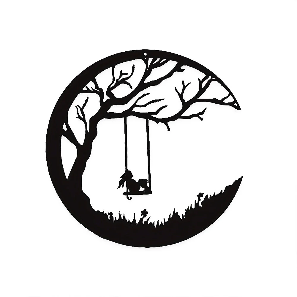 Lune et Arbre de la Pelouse avec Fille sur Balançoire Métal Décoratif Mural - Image 11