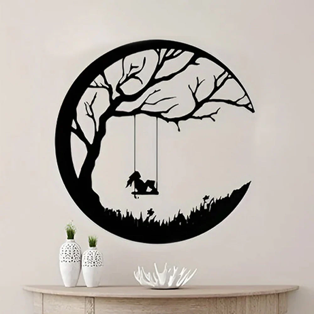 Lune et Arbre de la Pelouse avec Fille sur Balançoire Métal Décoratif Mural - Image 3