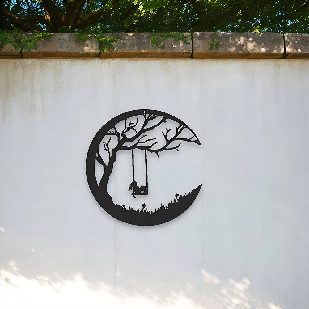 Lune et Arbre de la Pelouse avec Fille sur Balançoire Métal Décoratif Mural - Image 4
