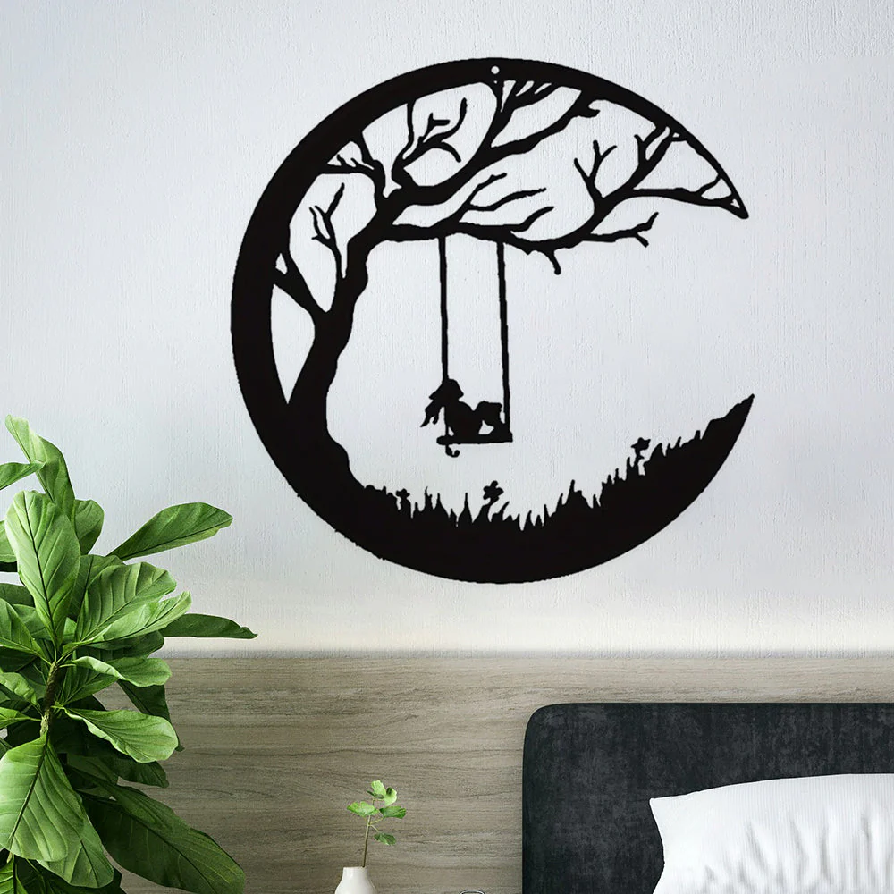 Lune et Arbre de la Pelouse avec Fille sur Balançoire Métal Décoratif Mural - Image 5